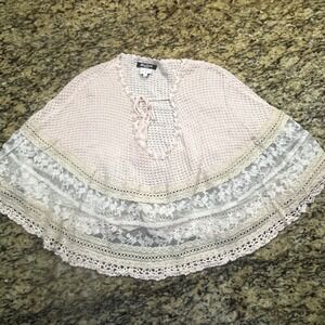 Miss Kelly 1999 Pink Crochet Knit Poncho Capelet Lace Pearl Trim Tie Front